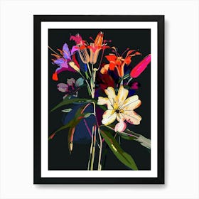 Neon Flowers On Black Bouquet 3 Art Print