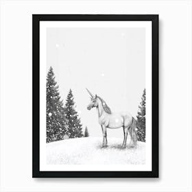 A Unicorn In A Winter Setting Black & White 1 Art Print