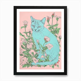 Cute Burmese Cat With Flowers Illustration 1 Art Print