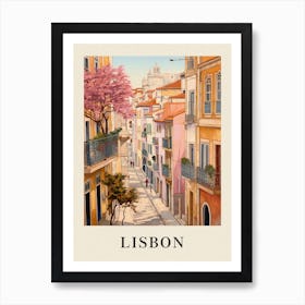 Lisbon Portugal 2 Vintage Pink Travel Illustration Poster Art Print