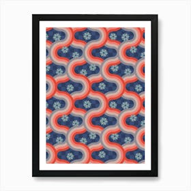 KYOTO Japanese Retro Wavy Geometric Stripes and Flowers in Traditional Palette Rust Red Blush Gray on Blue Checkerboard Art Print