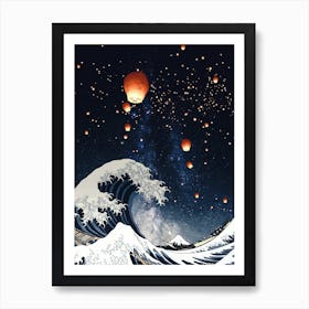 The Big Wave And Japanese Lanterns Art Print