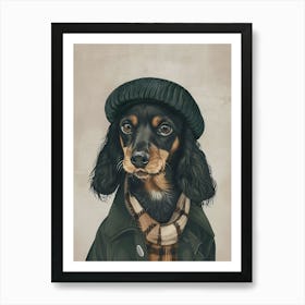 Dachshund Wearing Beret, Dog Portrait, Dark and Moody Colors Art Print