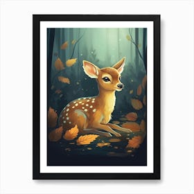 A Cute Fawn In The Forest Illustration 3watercolour Art Print