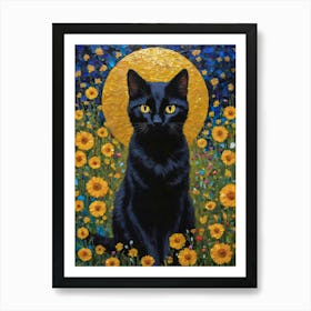 Klimt Style Black Cat in Garden Wild Flowers Painting - Gustav Klimt Gold Leaf Monet Waterlillies Abstract Textured Floral HD Art Print