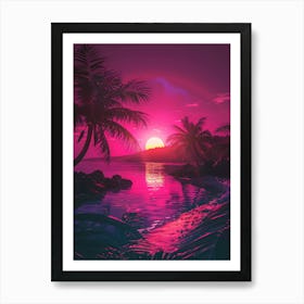 Synthwave Sunset At The Beach 4 Art Print