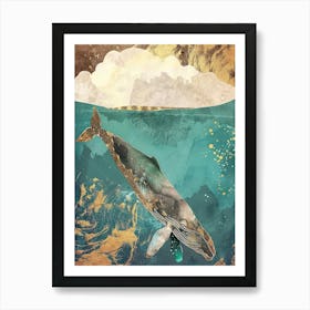 Whale Ocean Painting Gold Blue Effect Collage 1 Art Print