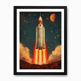 Space Odyssey: Retro Poster featuring Asteroids, Rockets, and Astronauts: Space Shuttle Launch 1 Art Print