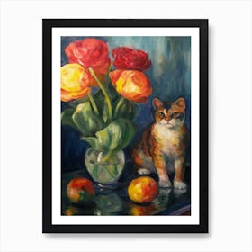 Flower Vase Ranunculus With A Cat 1 Impressionism, Cezanne Style Art Print