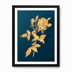 Vintage Provence Rose Botanical in Gold on Teal Blue Art Print