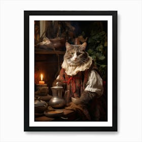 Realistic Cat As A Cook In A Medieval Kitchen Art Print