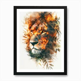 Double Exposure Realistic Lion With Jungle 31 Art Print