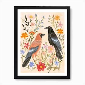 Folksy Floral Animal Drawing Raven 8 Art Print