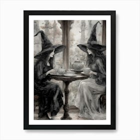 Witch Friends Meet to Drink Tea - Best Witches Have Afternoon Tea and Drinks - Witchy Gloomy Dark Aesthetic Watercolor Sketch Artwork for Feature Gallery Wall Coven Pagan Wicca Witchcraft Art Fairytale Oil Paint Fancy Magick HD Art Print