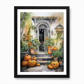 Door with Halloween decorations - watercolor 1 Art Print