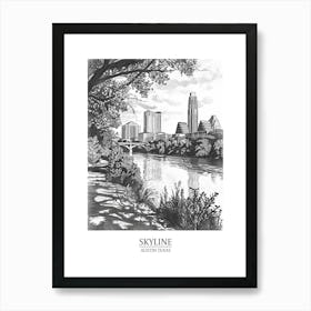 Skyline Austin Texas Black And White Drawing 1 Poster Art Print