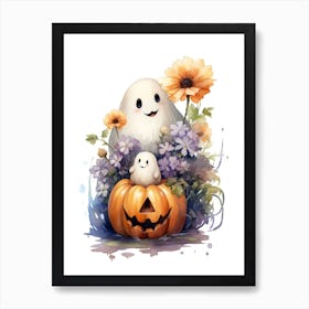 Cute Ghost With Pumpkins Halloween Watercolour 157 Art Print