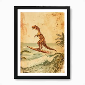 Vintage Utahraptor Dinosaur On A Surf Board 2 Art Print