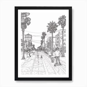 Skateboarding In Venice, Italy Line Art Black And White 4 Art Print