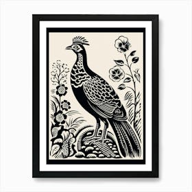 B&W Bird Linocut Pheasant 5 Art Print