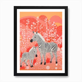 Zebra Mother & Calf Pink & Orange 1 Art Print