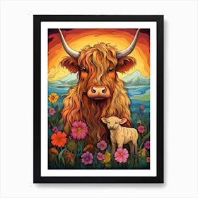 Colourful Sunset Highland Cow With Calf At Sunset Art Print