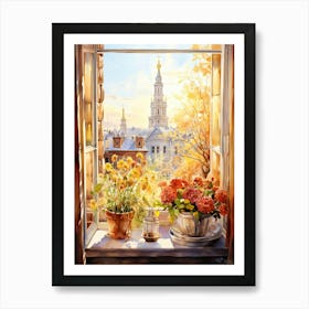 Window View Of Riga Latvia In Autumn Fall, Watercolour 2 Art Print