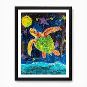 Sea Turtle At Night Crayon Drawing 2 Art Print