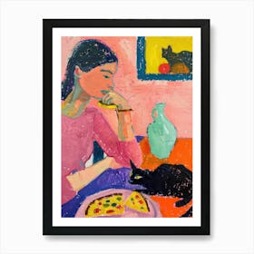 Portrait Of A Girl With Cats Eating Pizzas 1 Art Print