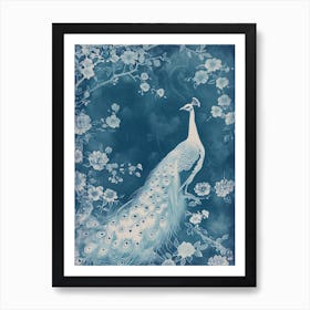 Vintage Cyanotype Inspired Peacock With Blossom 4 Art Print