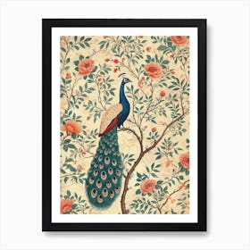 Cream & Floral Vintage Peacock Wallpaper 2 Art Print