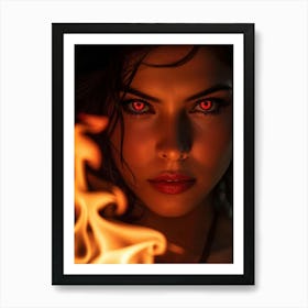 Close Up Portrait Woman With Piercing Gaze Scarlet Eyes Resembling Flames Fixated On Camera Lens Art Print