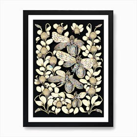 Colony Of Bees Black William Morris Style Art Print