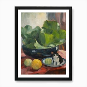 Flower Vase Lotus With A Cat 2 Impressionism, Cezanne Style Art Print