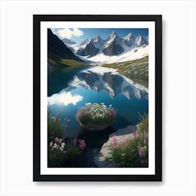 Alpine Glacier Lake Abloom With Alpine Flora Art Print