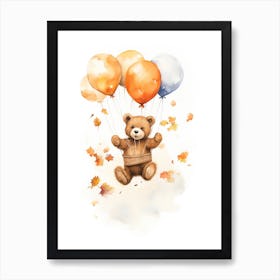 Bear Flying With Autumn Fall Pumpkins And Balloons Watercolour Nursery 3 Art Print