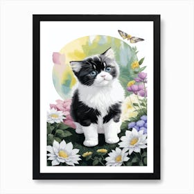 Cute Kitten And Flowers Watercolor 2 Art Print