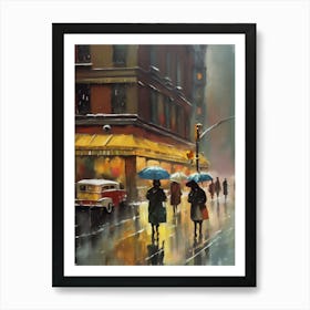 New York City, rain falling, city cafes, passing by, winter, vintage oil colors.2 Art Print