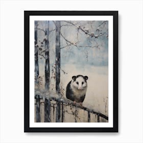 Vintage Winter Animal Painting Opossum Art Print