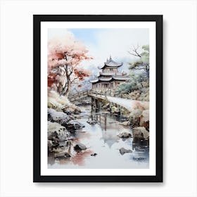 Ritsurin Garden In Kagawa, Japanese Brush Painting, Ukiyo E, Minimal 4 Art Print