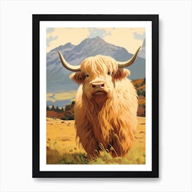 Furry Blonde Highland Cow With The Mountains In The Background Art Print