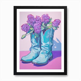 A Painting Of Cowboy Boots With Purple Lilac Flowers, Fauvist Style, Still Life 1 Art Print