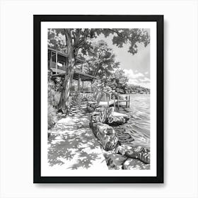 The Oasis On Lake Travis Austin Texas Black And White Drawing 3 Art Print