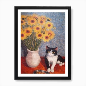 Daisies With A Cat 3 Pointillism Style Art Print