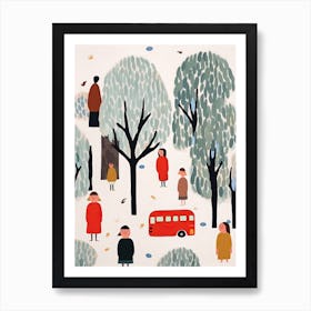 London Red Bus Scene, Tiny People And Illustration 5 Art Print