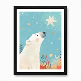 Polar Bear Looking At A Starry Sky Storybook Illustration 3 Art Print