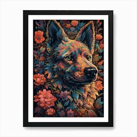 Wolf With Flowers 2 Art Print