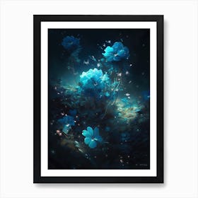 Blue glowing flowers: stars in the dark night 2 Art Print