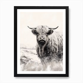 Black Ink Style Highland Cow In A Snowy Field Art Print