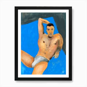 Man On Blue - male nude homoerotic gay art man underwear naked body Art Print